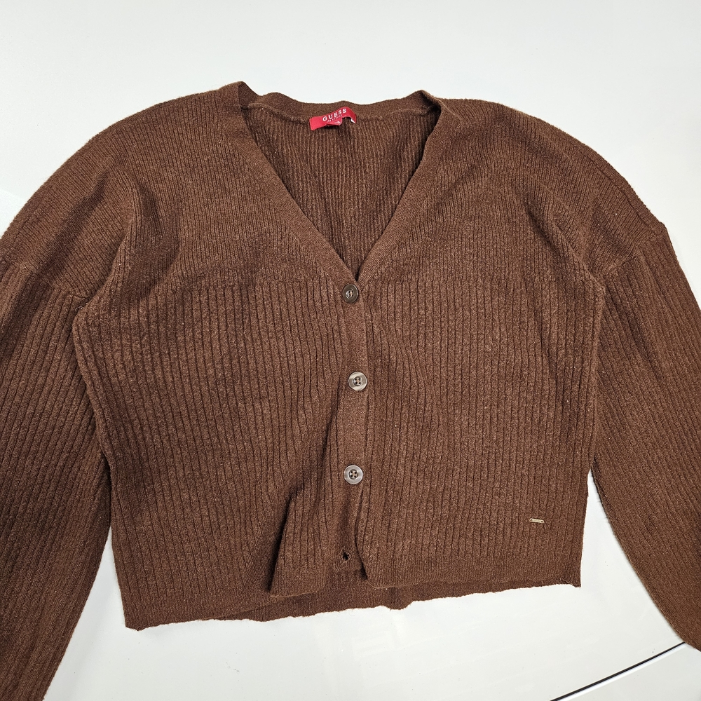 Guess Brown Ribbed V-Neck Button Cardigan
